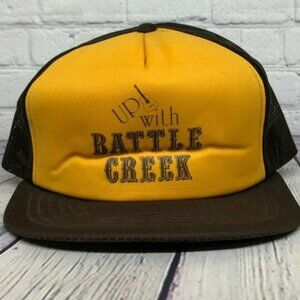 Vintage Hat Cap Snapback Yellow Brown Trucker Mesh Up with Battle Creek One Size